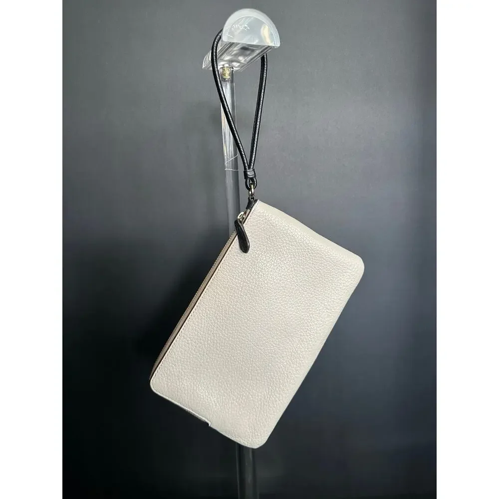 Coach C7368 Double Zip Colorblock Pebbled Leather Wristlet Wallet Ivory Taupe